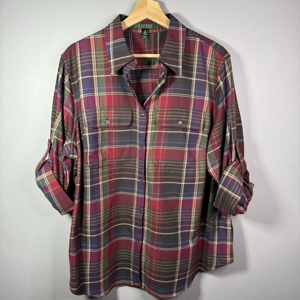 NWT Lauren Ralph Lauren Womens 1X Plaid Flannel Button Up Shirt Cottagecore Fall